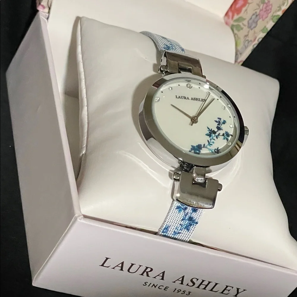 NEW Laura Ashley Silver Watch with Blue Floral Accents